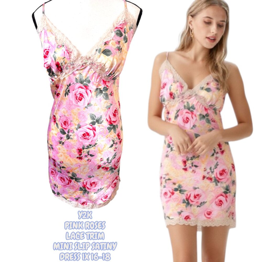 Y2K VINTAGE PINK ROSES SATIN LACE TRIM MINI DRESS SIZE 1X 16-18